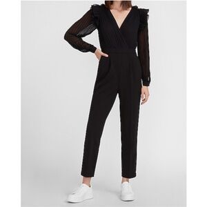 Express Black Pleated Ruffle Shoulder Long Sheer Sleeve Jumpsuit Empire Waist 00
